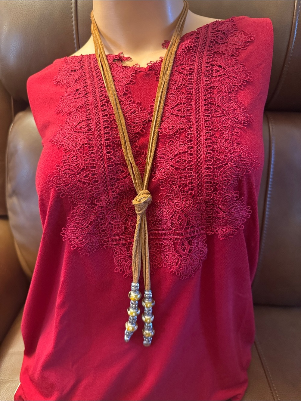 BoHo Brown suede tie necklace with Silvertone metal accents& yellow glass beads